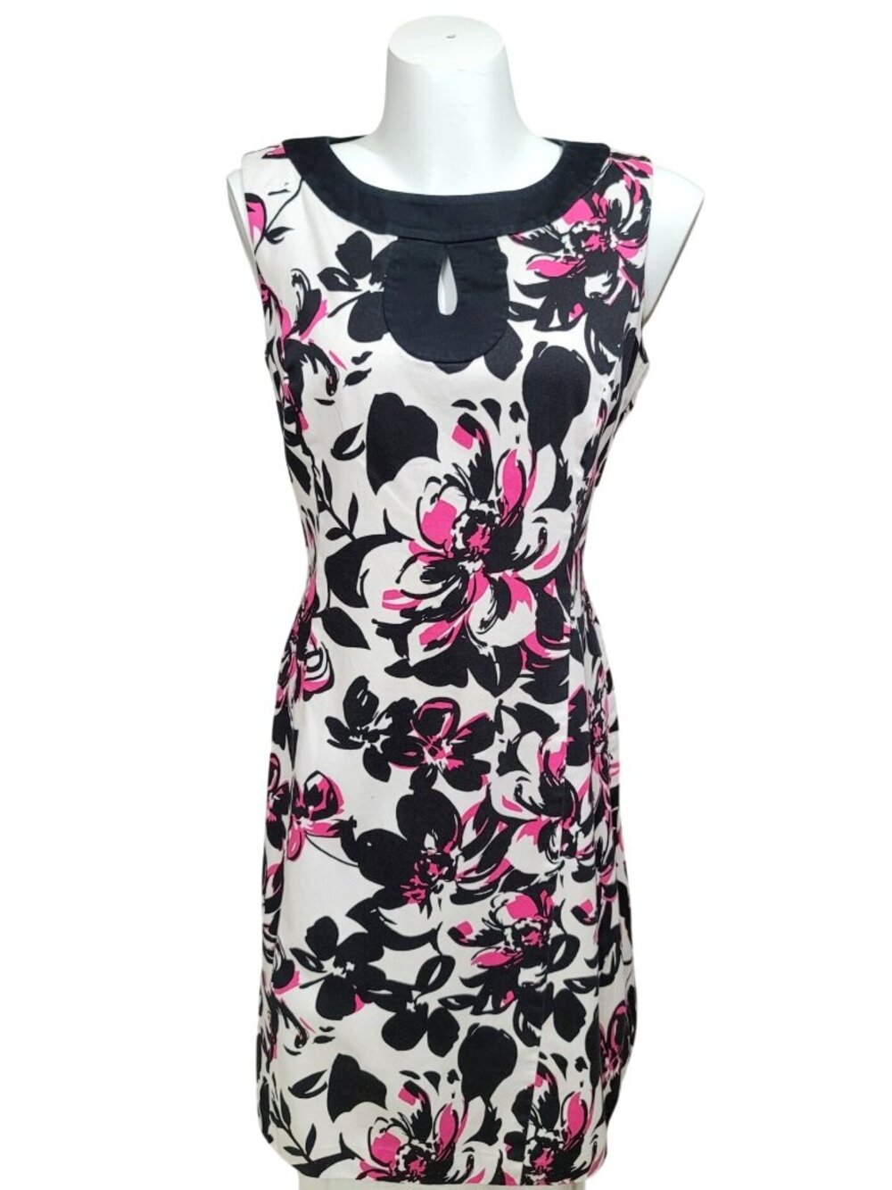 Floral Sleeveless Chaps Dress Keyhole Neckline Size 12 Cotton Blend Black White